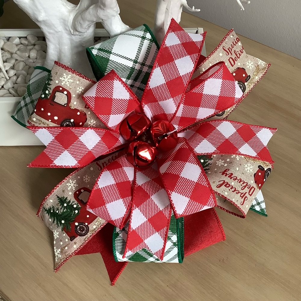 Red & Green Truck Bell Bow, Wreath Bow, Wreath Accent, Lantern Bow, & Xmas Bow